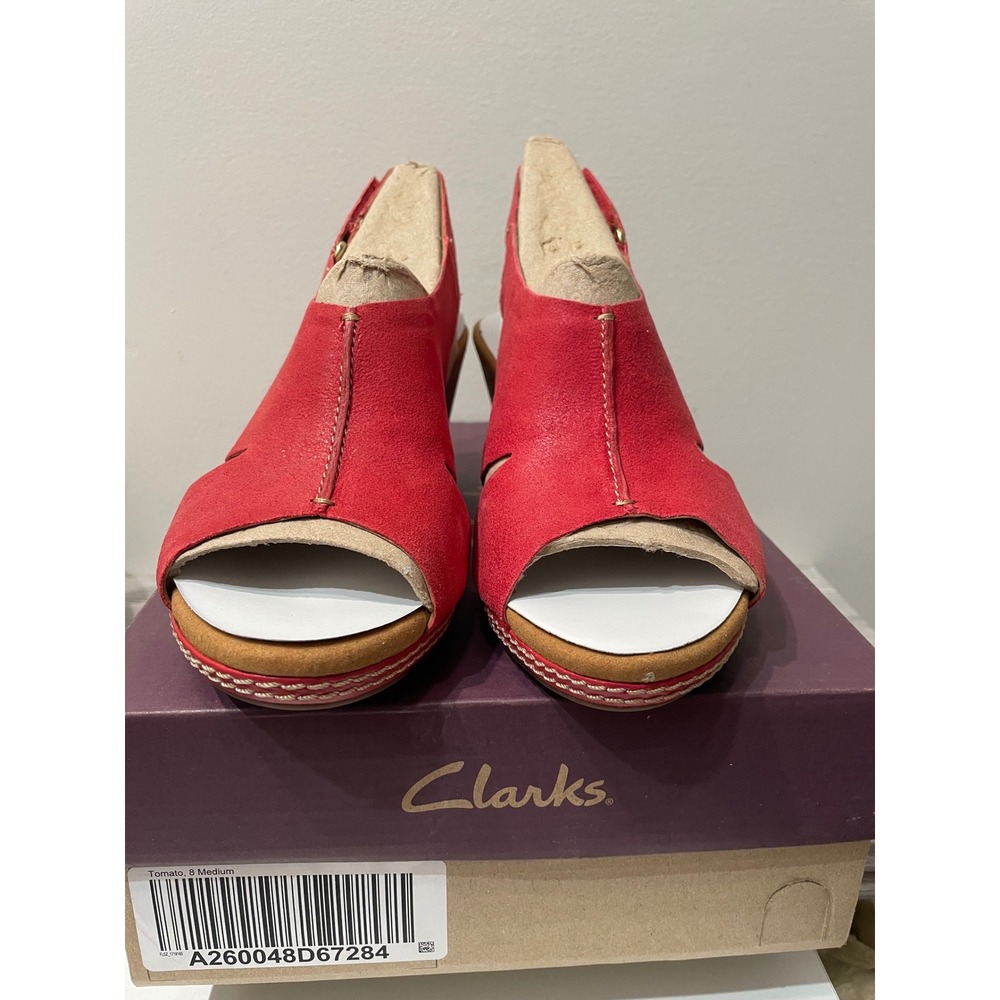 Clarks Helio Float4 Red Suede Cork Wedge Sandals Womens 8 Medium New